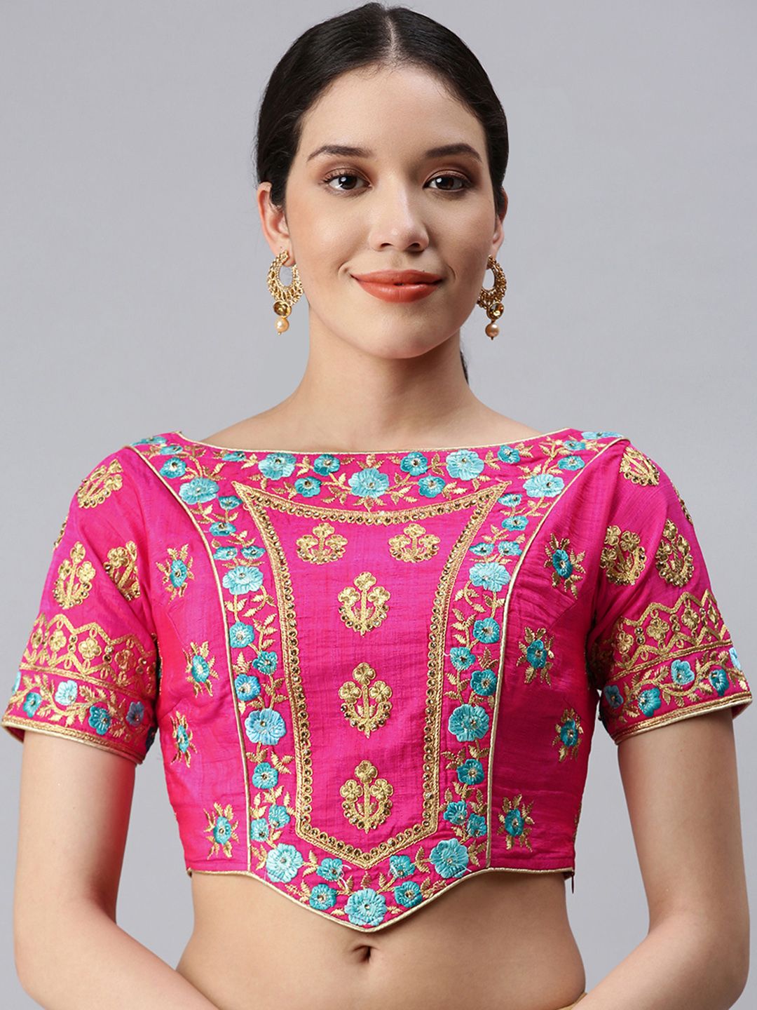 flaher Women Pink & Blue Embroidered Art Silk Saree Blouse Price in India