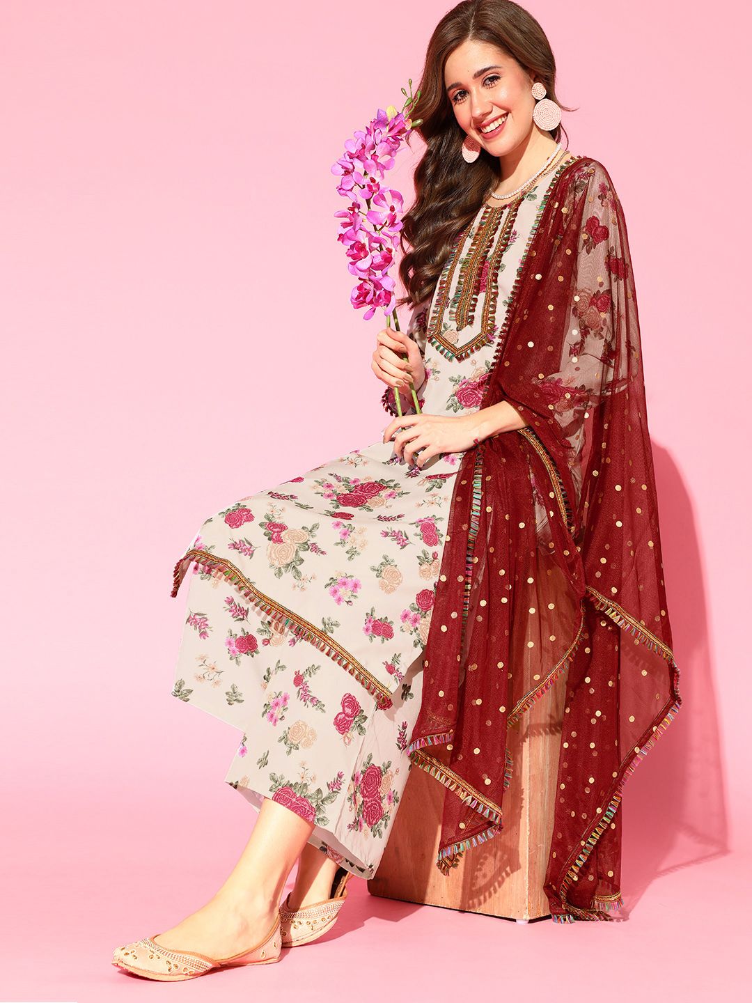 Ahalyaa Women Beige Floral Printed Regular Gotta Patti Kurta with Palazzos & With Dupatta Price in India