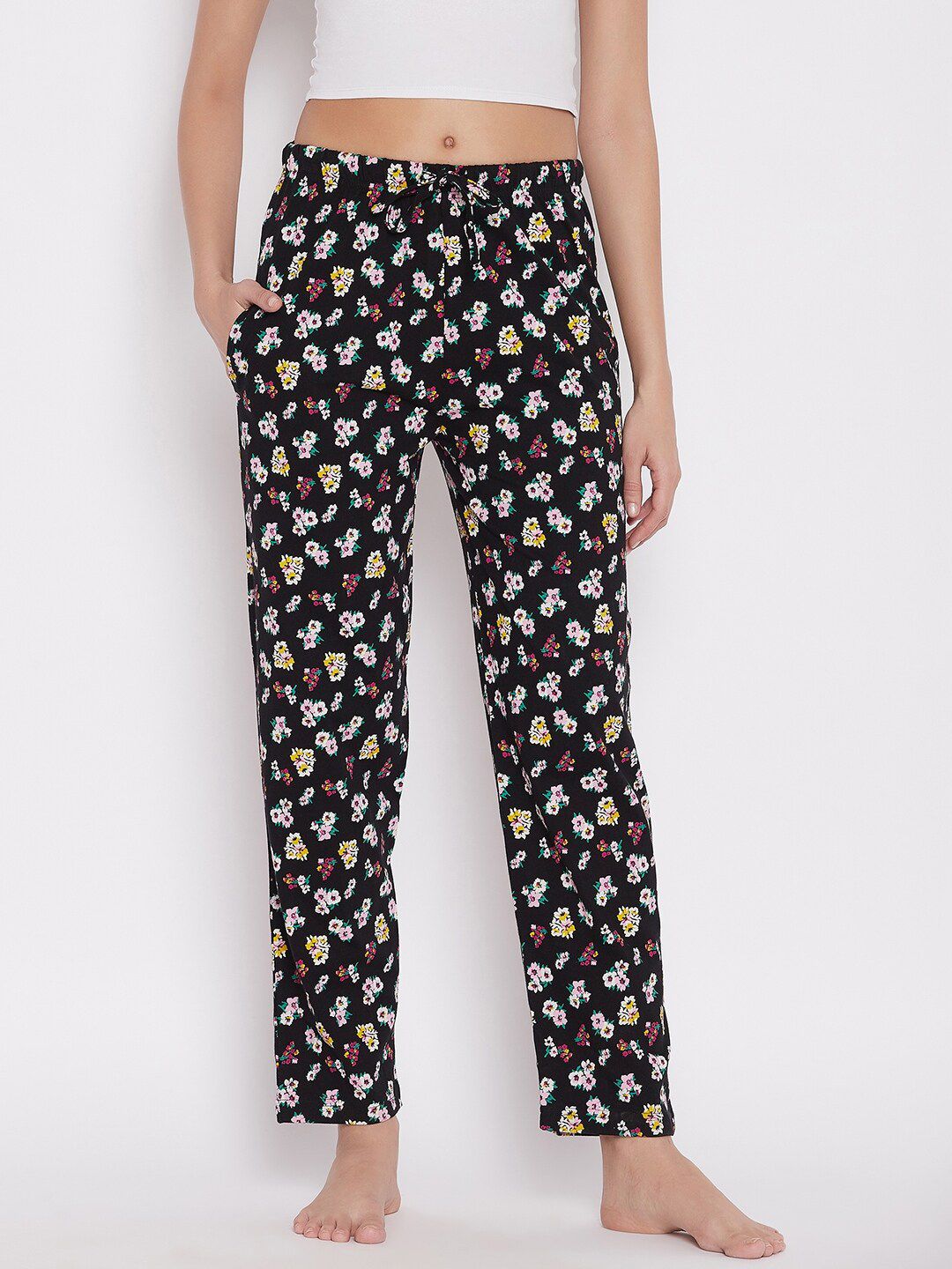 C9 AIRWEAR Women Black & Yellow Floral Printed Pure Cotton Lounge Pants Price in India