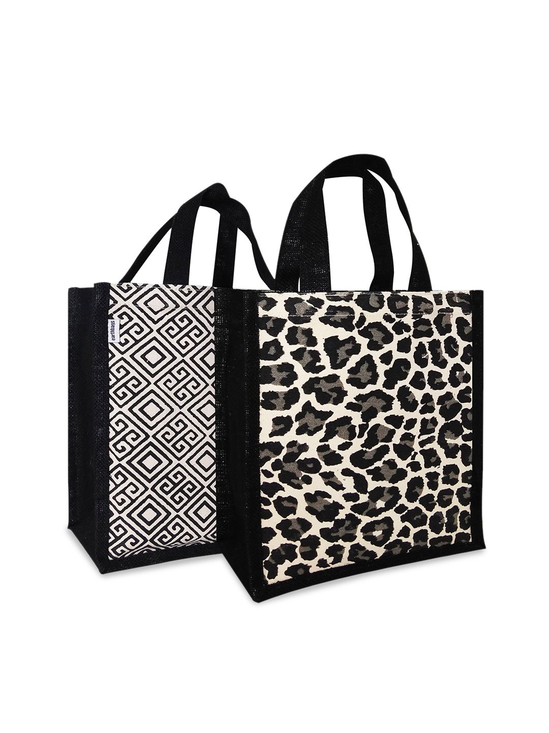 earthbags Set of 2 Black Printed Shopper Tote Bags Price in India