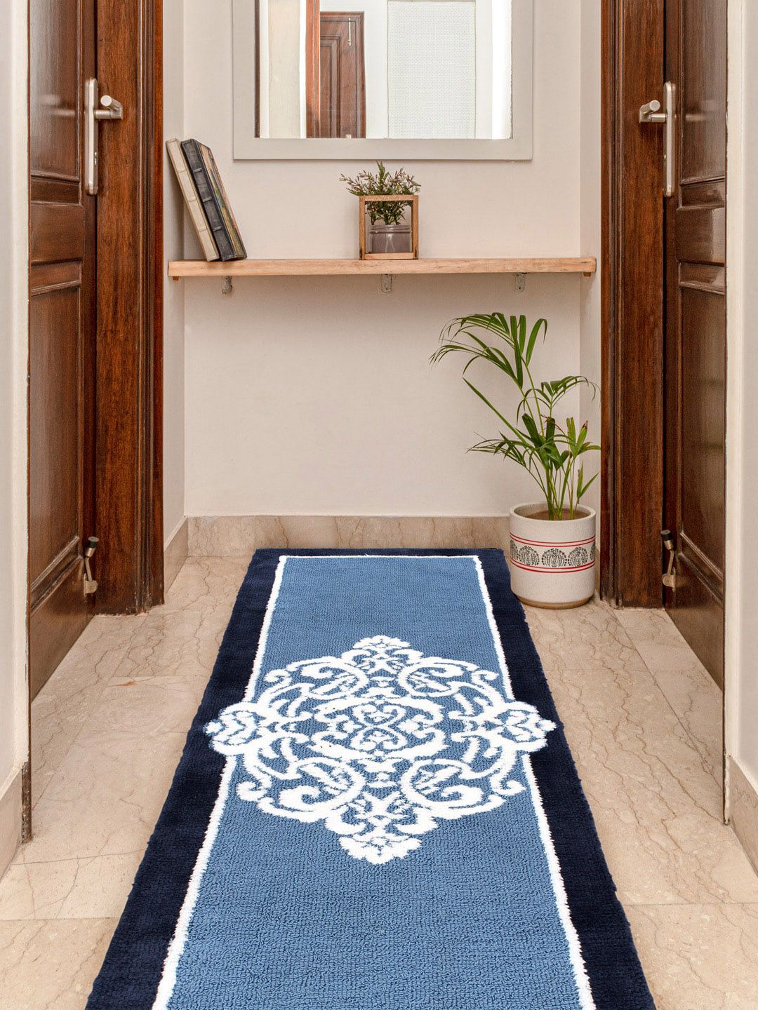 AVI Living Blue & White Ethnic Motifs Damask 1700 GSM Anti Slip Runner Price in India