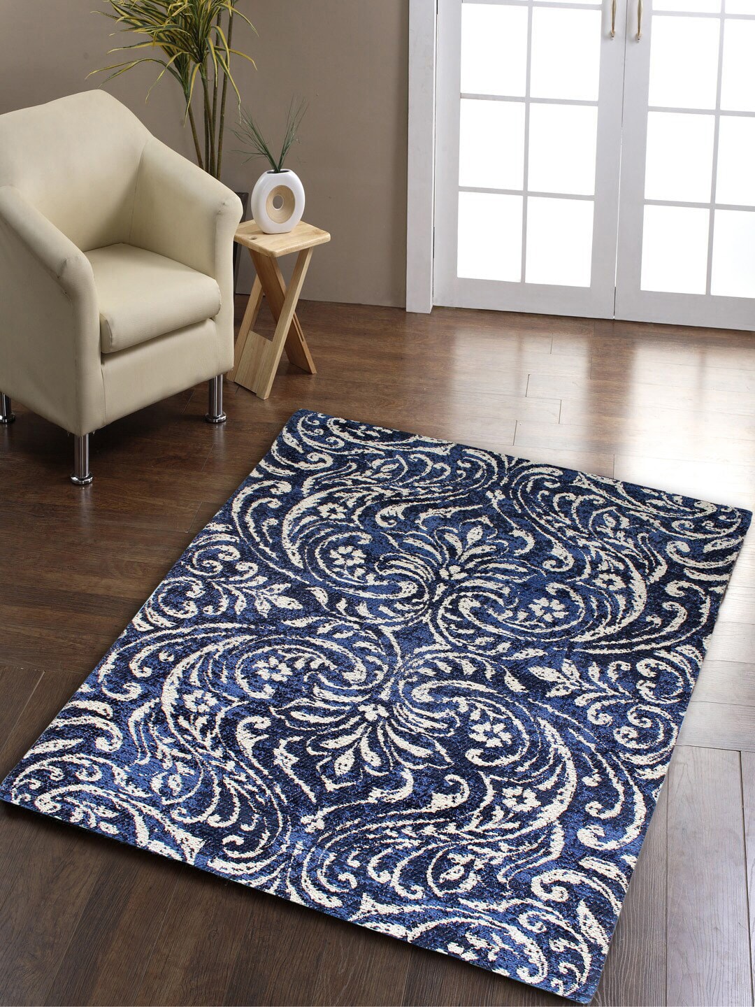 AVI Living Blue & Beige Floral Printed Jacquard Loomed 2500 GSM Anti-Skid Carpet Price in India