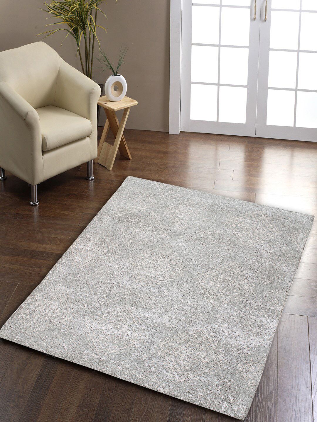 AVI Living Grey Geometric Jacquard Loomed Anti-Skid Carpet Price in India