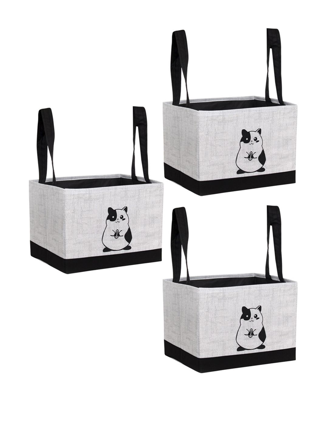 prettykrafts Set Of 3 Grey & Black Cat Printed Storage Organisers Price in India