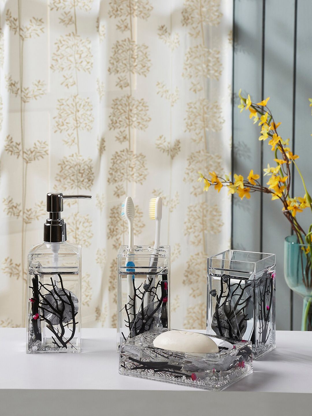 OBSESSIONS Set Of 4 Black & Silver-Toned Printed Bathroom Accessories Price in India