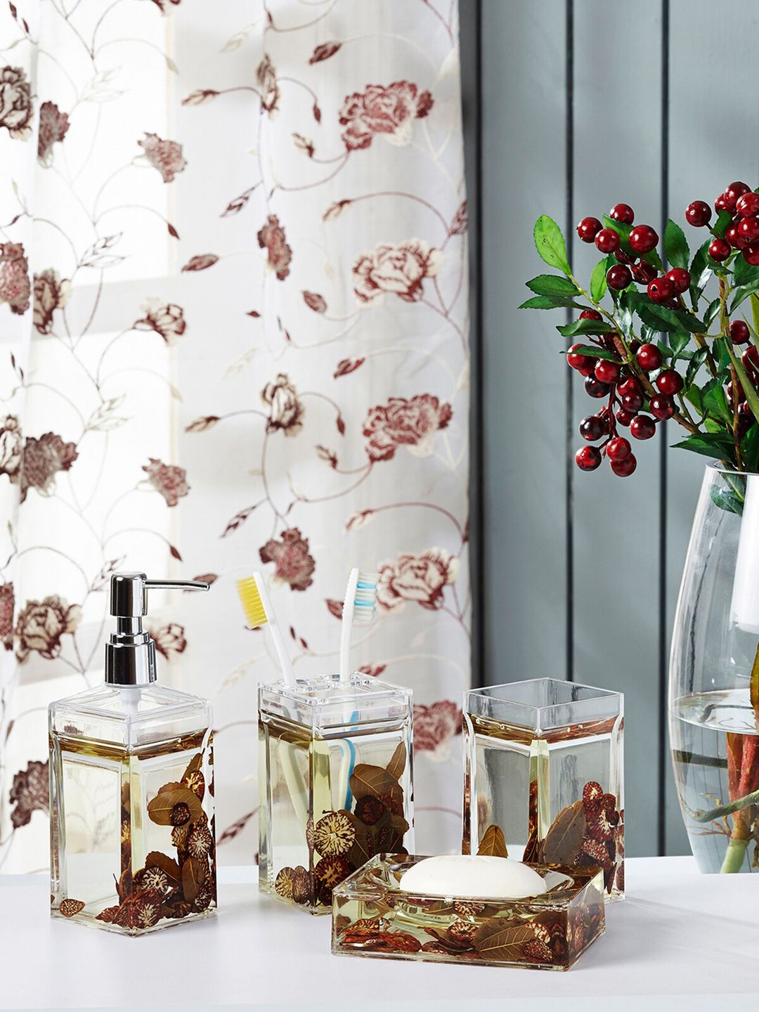 OBSESSIONS Set Of 4 Brown & Transparent Floral Printed Bathroom Accessories Price in India