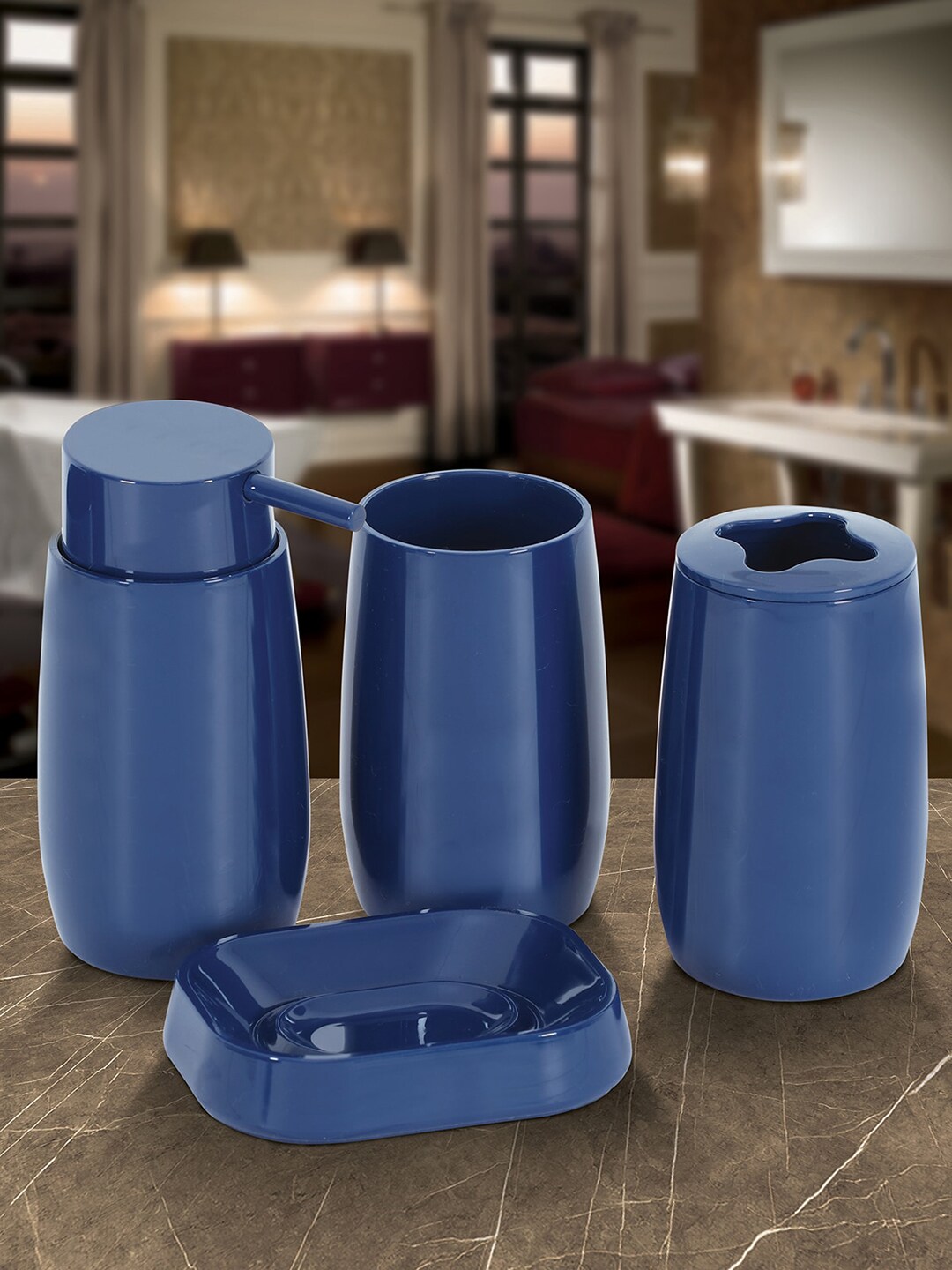OBSESSIONS Set Of 4 Blue Solid Bathroom Accessories Price in India