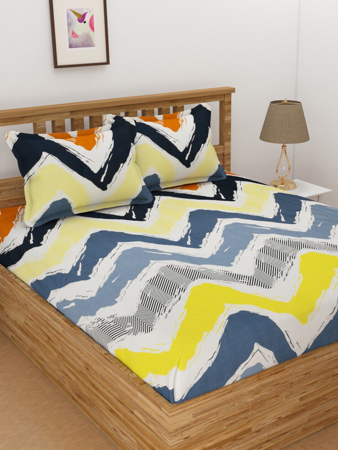 Florida Yellow & Blue Geometric 144 TC King Bedsheet with 2 Pillow Covers Price in India