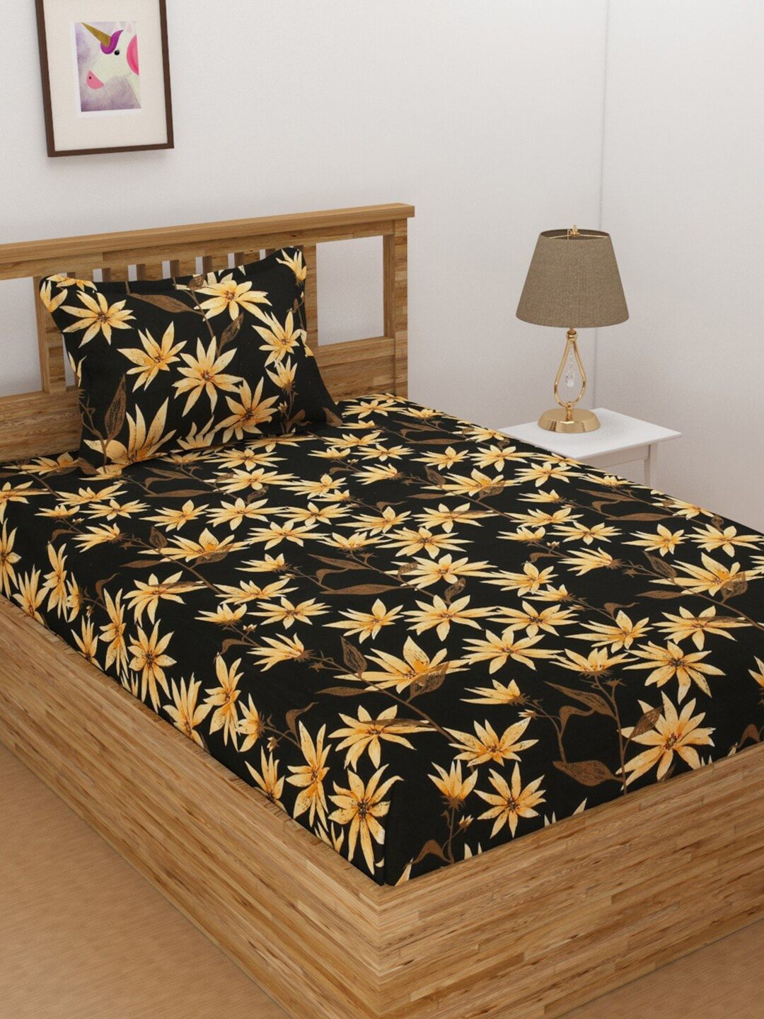 Florida Black & Yellow Floral 144 TC Single Bedsheet with 1 Pillow Covers Price in India