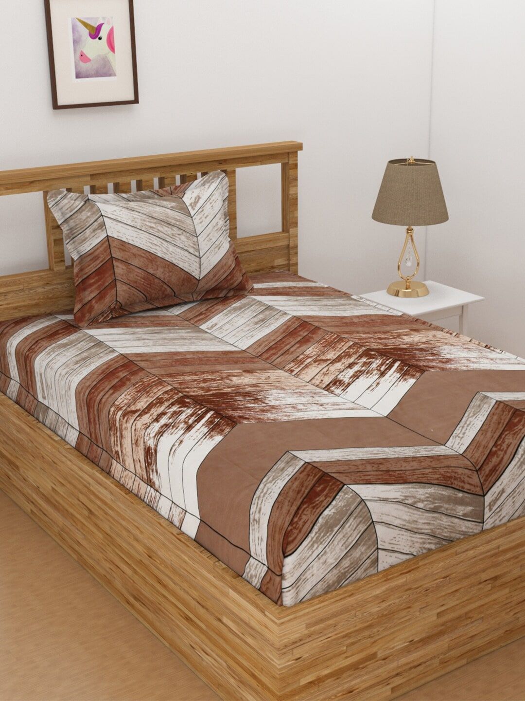 Florida Brown & White Geometric 144 TC Single Bedsheet with 1 Pillow Covers Price in India