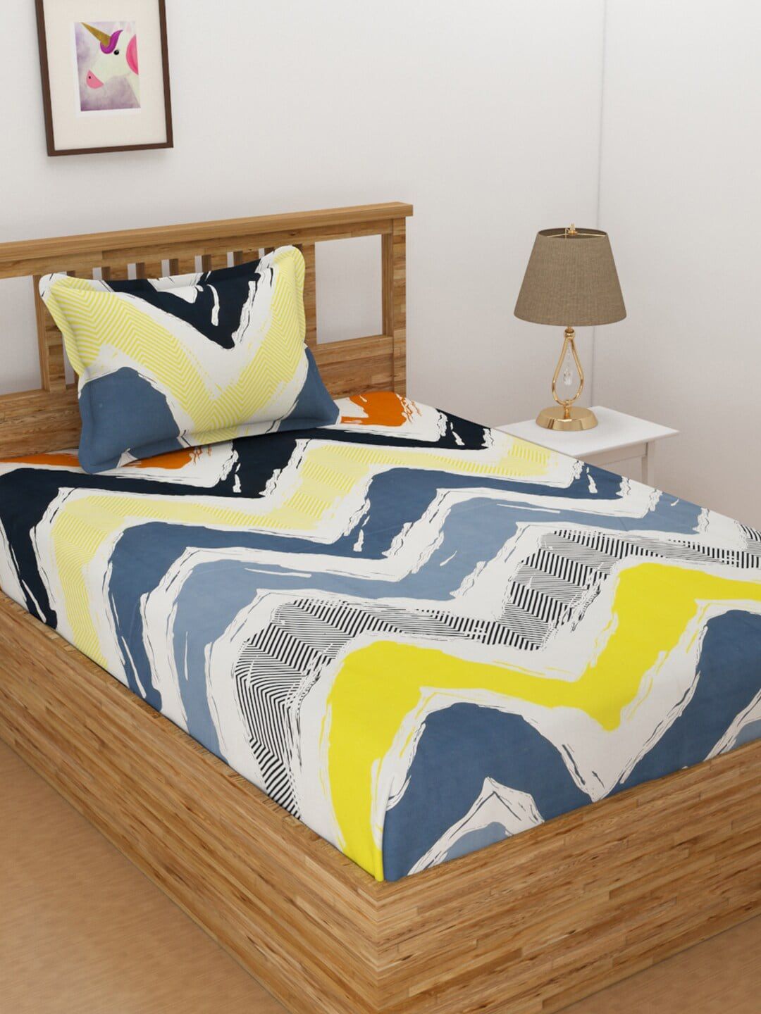 Florida Yellow & Blue Geometric 144 TC Single Bedsheet with 1 Pillow Covers Price in India