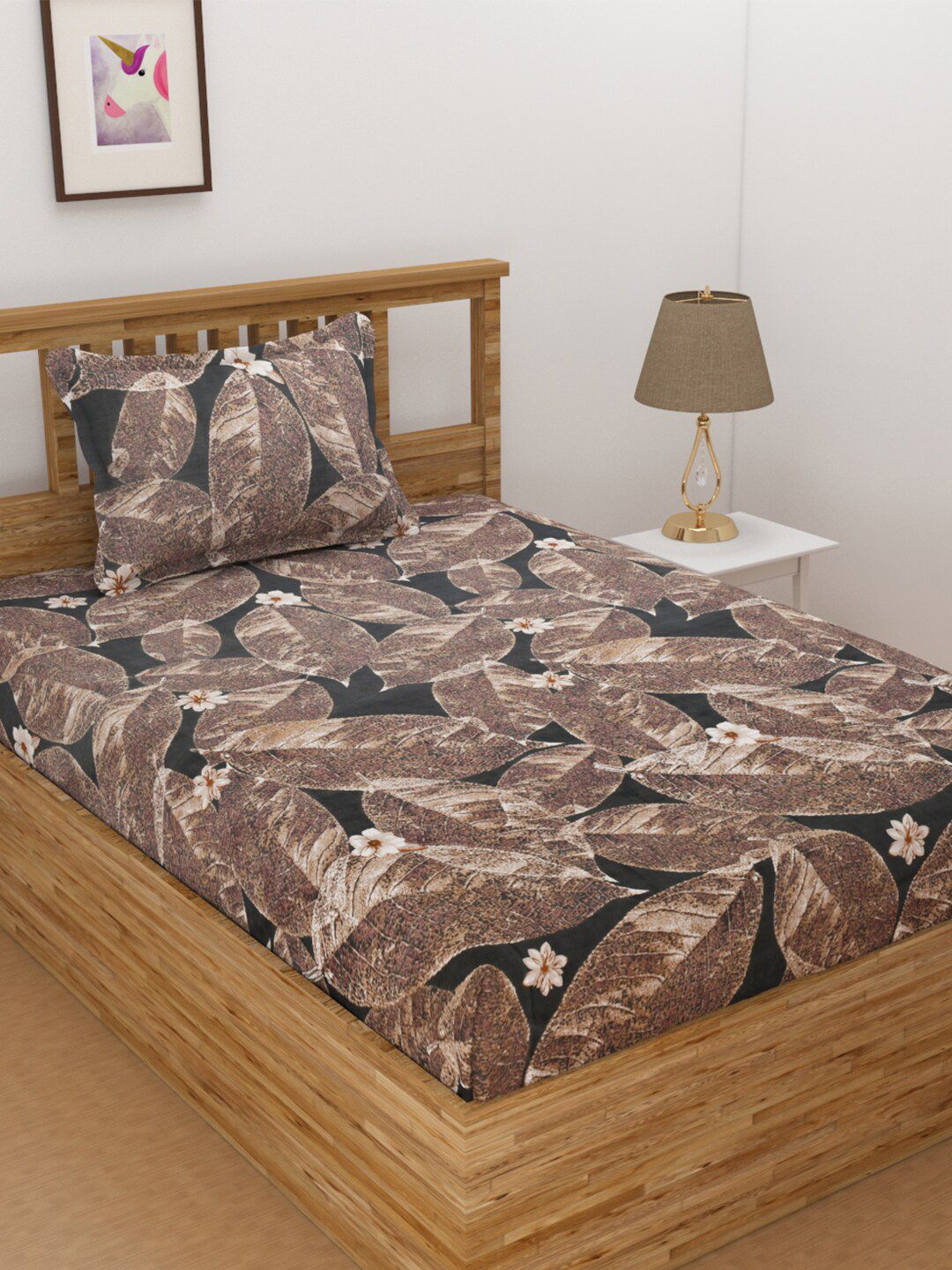 Florida Green & Brown Floral 144 TC Single Bedsheet with 1 Pillow Covers Price in India