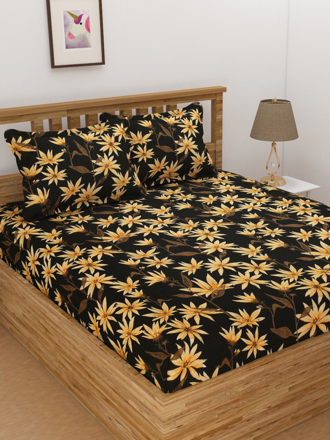 Florida Black & Yellow Floral 144 TC King Bedsheet with 2 Pillow Covers Price in India