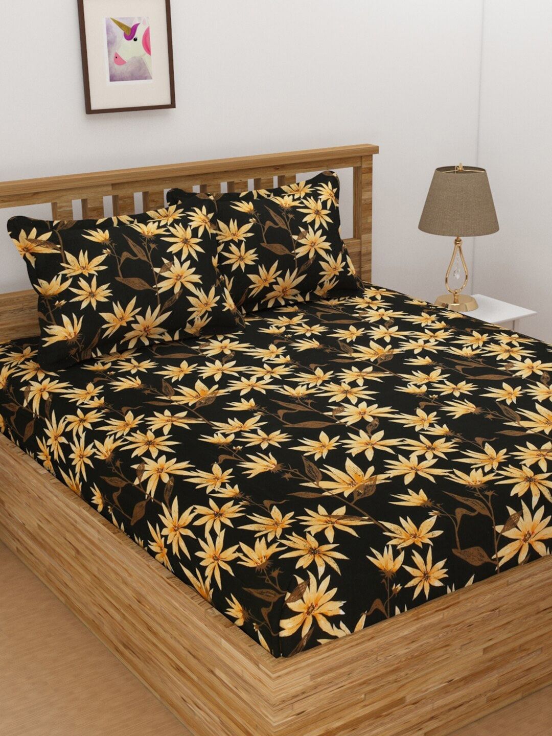 Florida Black & Yellow Floral 144 TC Queen Bedsheet with 2 Pillow Covers Price in India