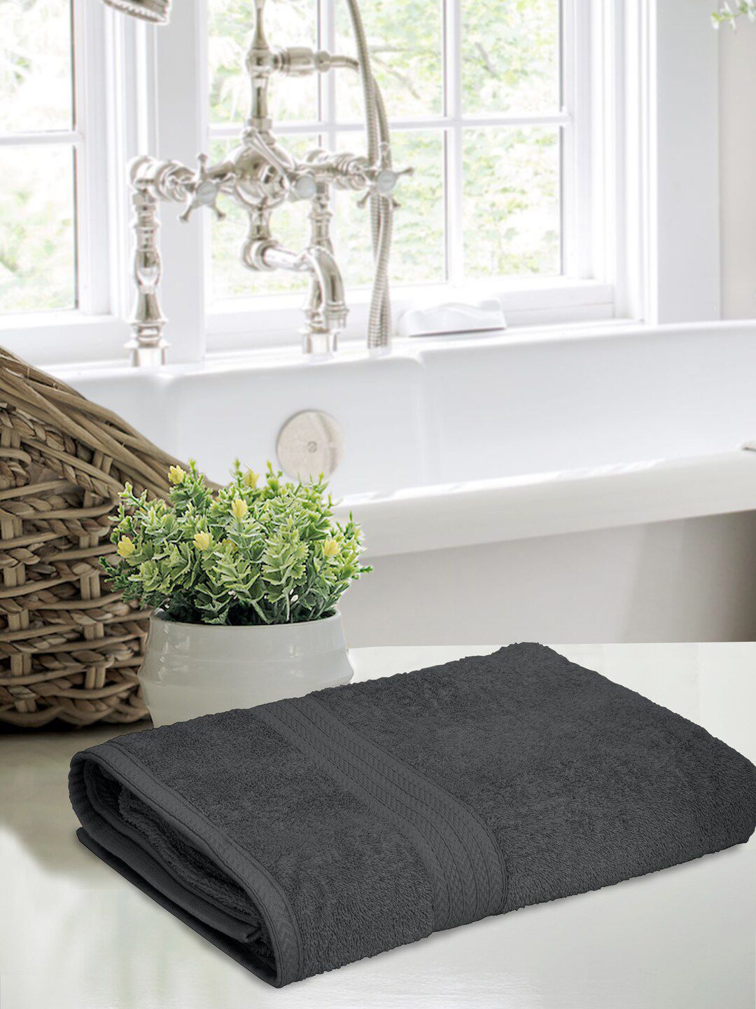 BOMBAY DYEING Unisex Charcoal Grey Solid Cotton Tulip 450 GSM Bath Towel Price in India