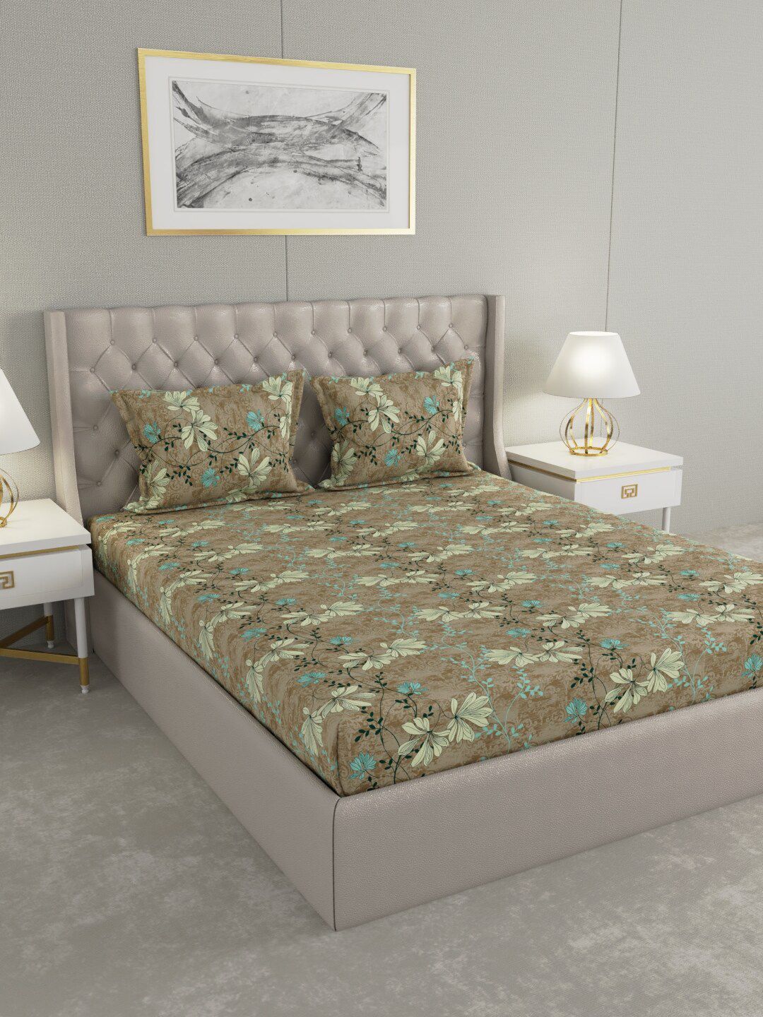 Raymond Home Brown & Green Floral 104 TC Cotton King Bedsheet with 2 Pillow Covers Price in India