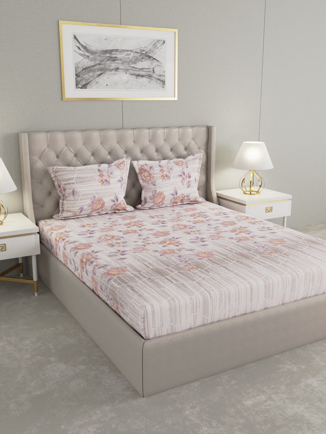 Raymond Home Peach-Coloured & White Floral 104 TC King Bedsheet with 2 Pillow Covers Price in India