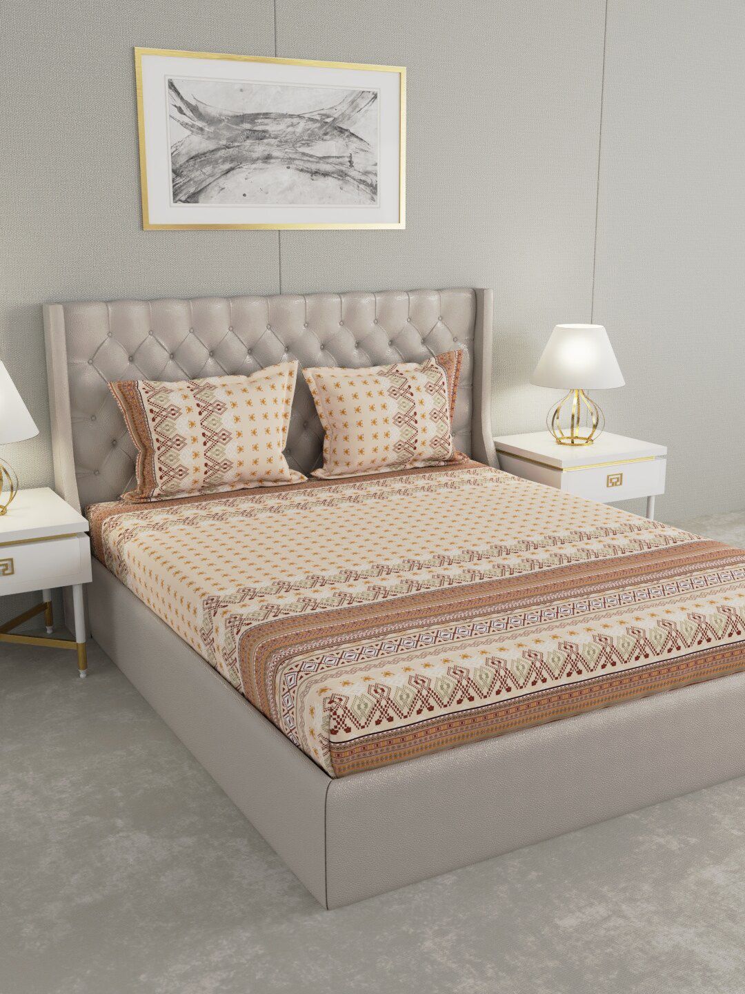 Raymond Home Beige & Mustard Ethnic Motifs 104 TC King Bedsheet with 2 Pillow Covers Price in India