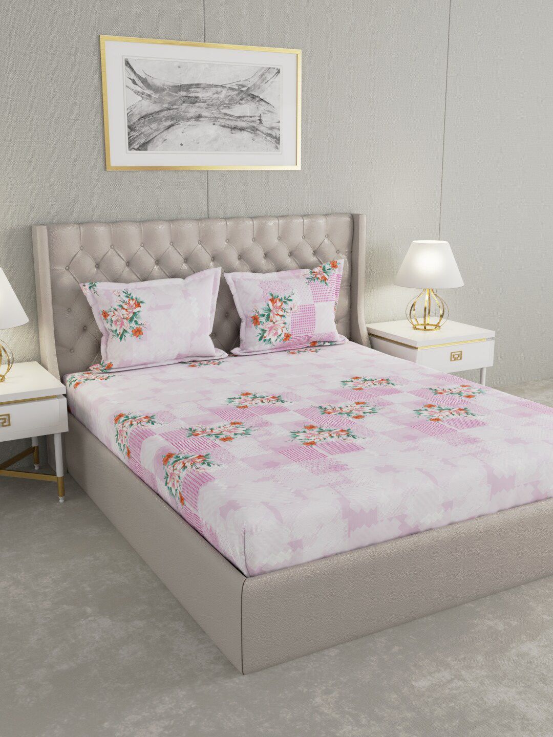 Raymond Home White & Pink Floral 104 TC Cotton King Bedsheet with 2 Pillow Covers Price in India