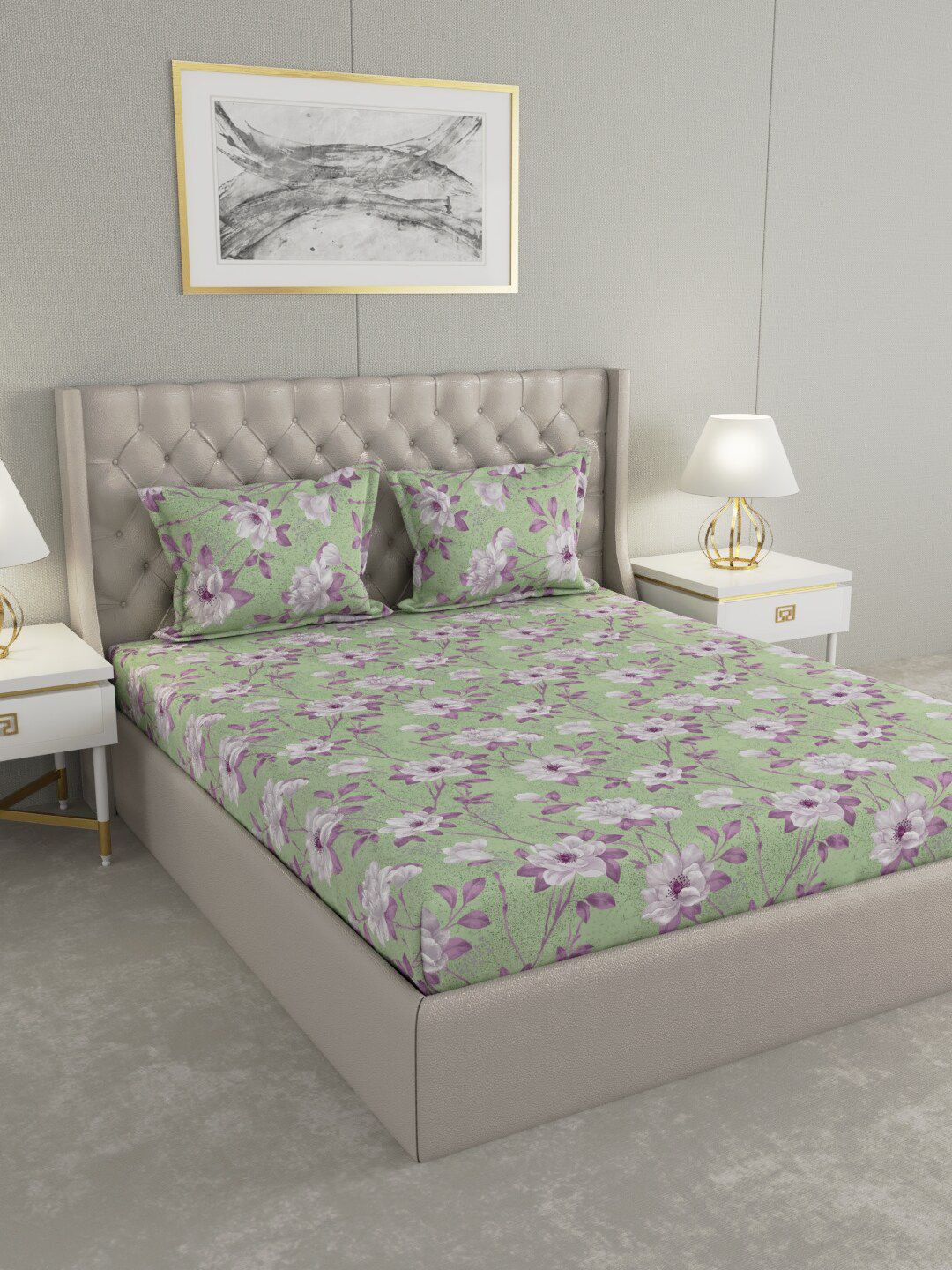 Raymond Home Green & Lavender Floral 104 TC Cotton King Bedsheet with 2 Pillow Covers Price in India