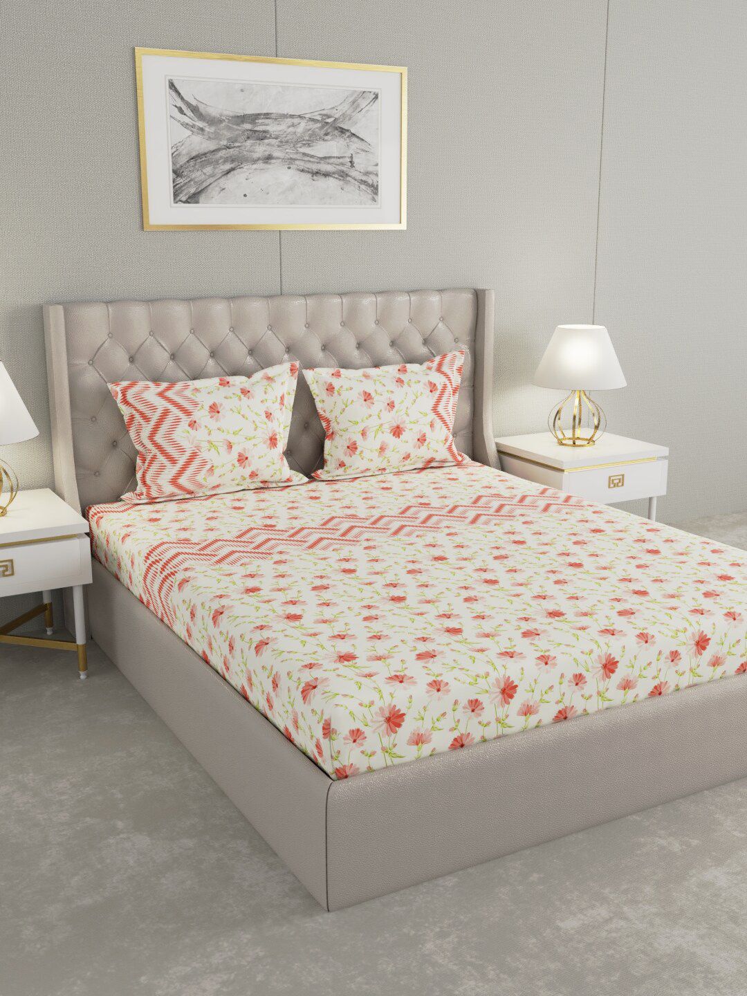 Raymond Home White & Red Floral 104 TC Cotton King Bedsheet with 2 Pillow Covers Price in India