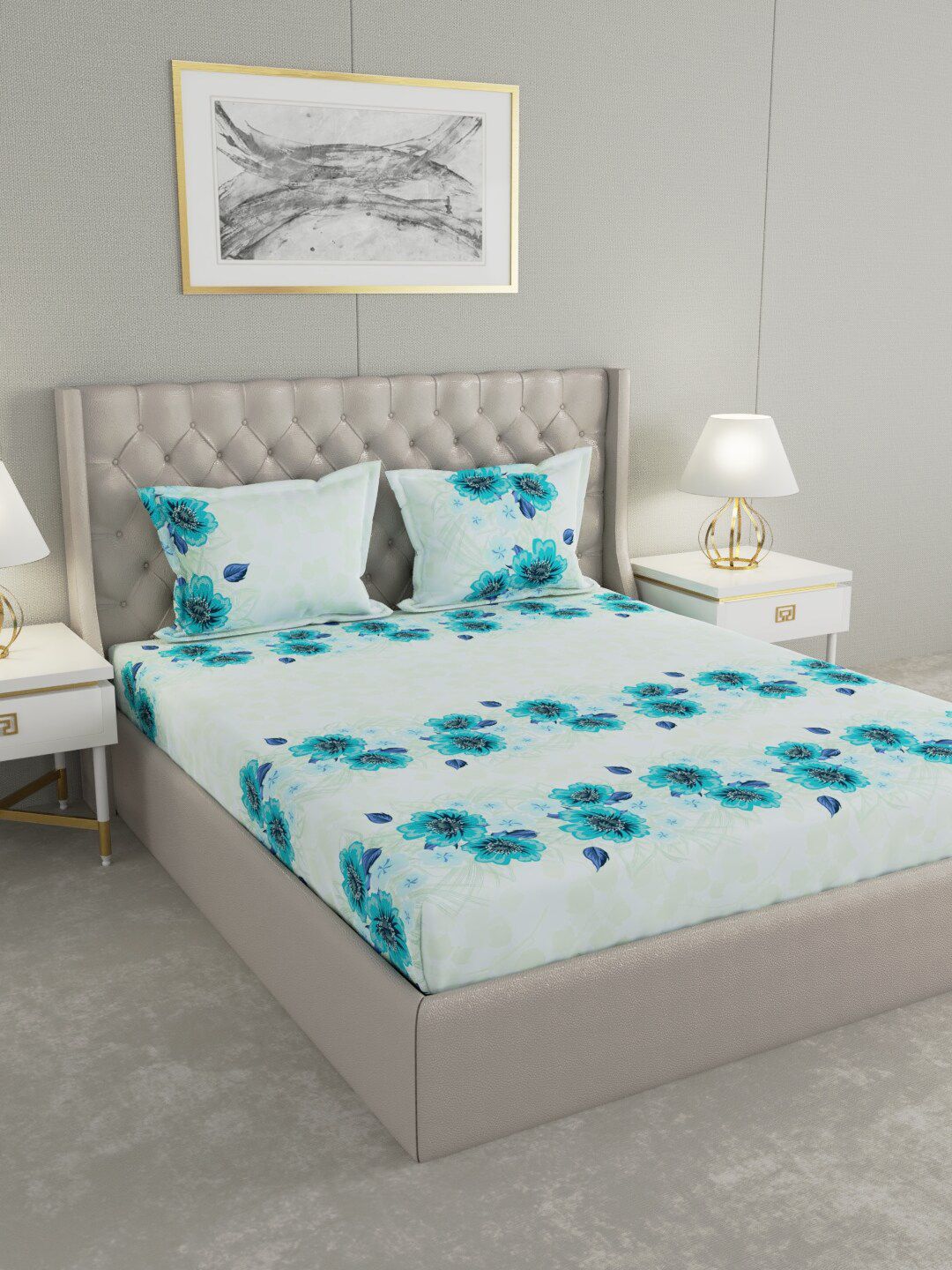 Raymond Home White & Blue Floral 104 TC King Bedsheet with 2 Pillow Covers Price in India