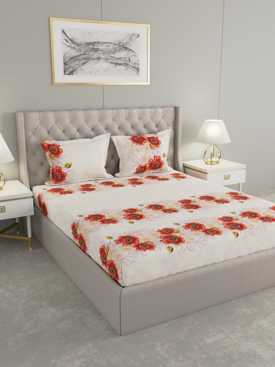 Raymond Home Off White & Red Floral 104 TC King Bedsheet with 2 Pillow Covers Price in India