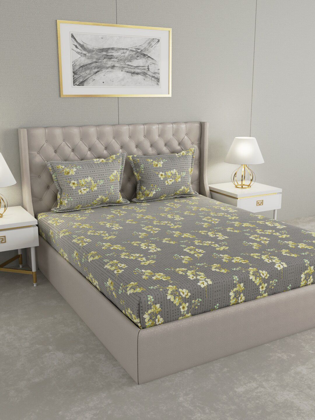 Raymond Home Grey & Green Floral 104 TC King Bedsheet with 2 Pillow Covers Price in India