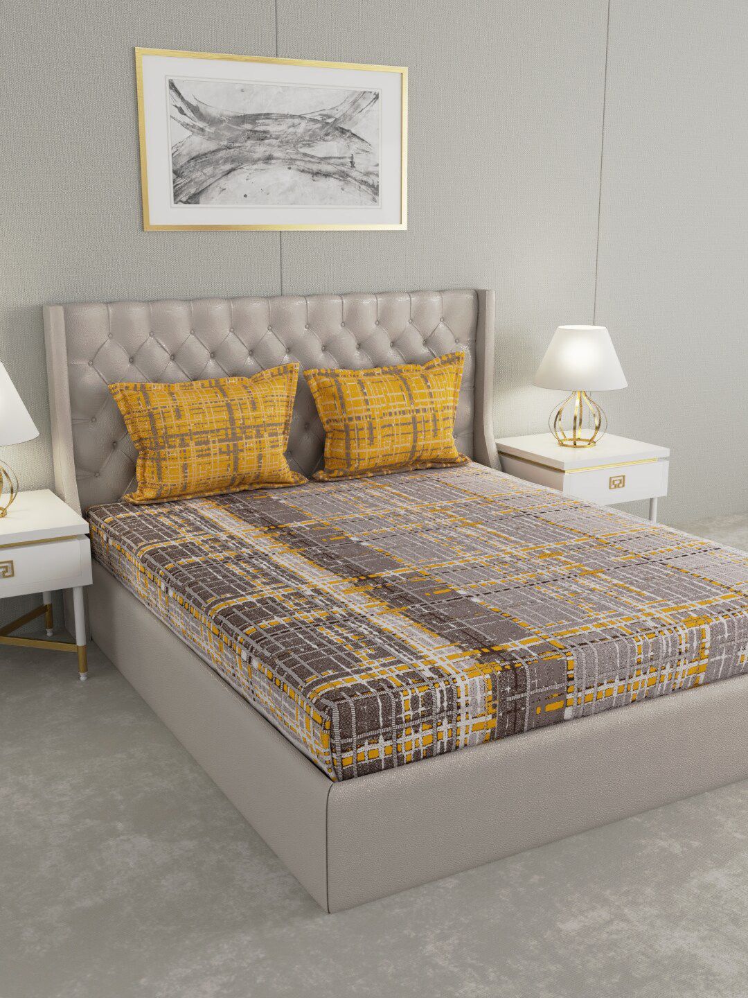 Raymond Home Grey & Yellow Geometric 140 TC Cotton King Bedsheet with 2 Pillow Covers Price in India