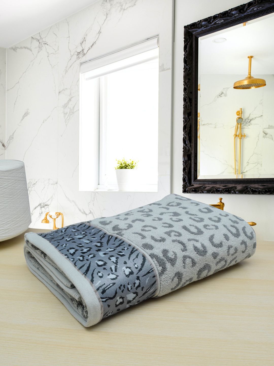 RANGOLI Grey Leopard Printed 541 GSM Pure Cotton Bath Towel Price in India