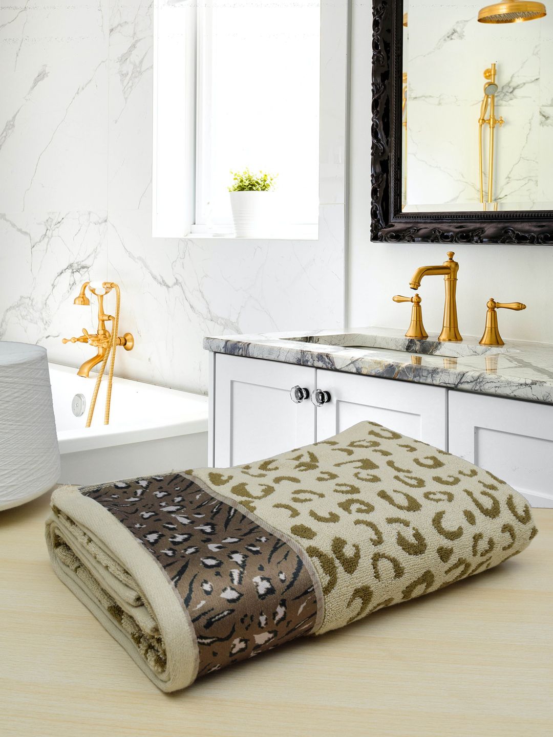 RANGOLI Olive Green & Brown Leopard Printed 541 GSM Pure Cotton Bath Towel Price in India