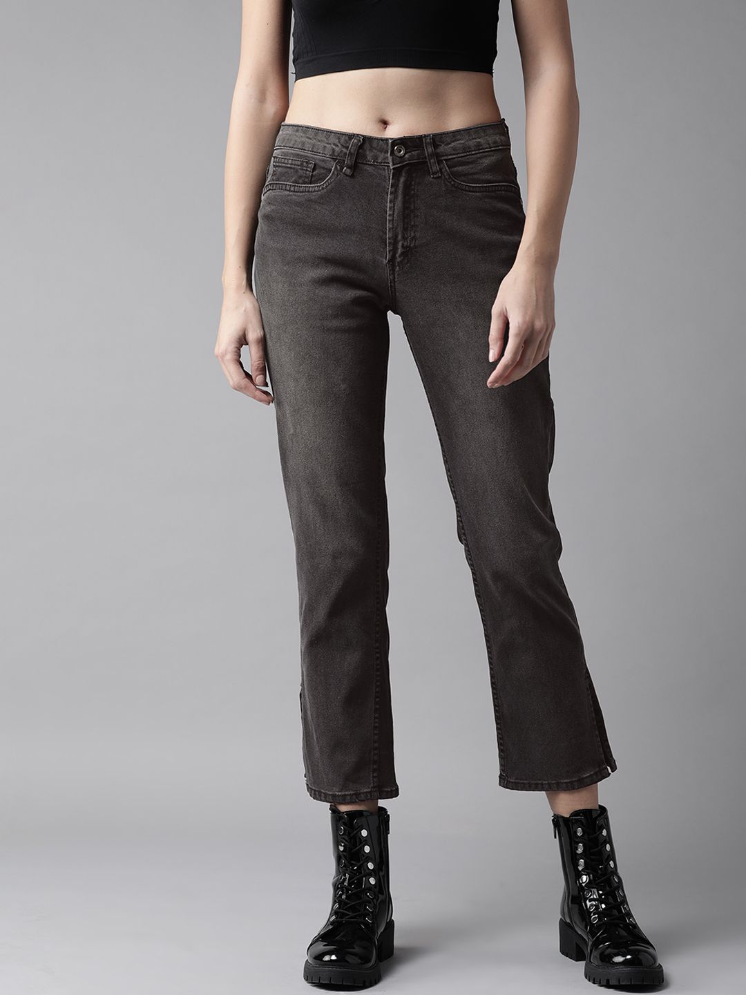 Roadster Women Charcoal Grey Straight Fit Light Fade Stretchable Cropped Jeans Price in India