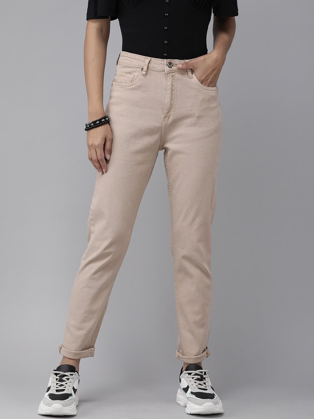Roadster Women Beige Boyfriend Fit High-Rise Stretchable Jeans Price in India