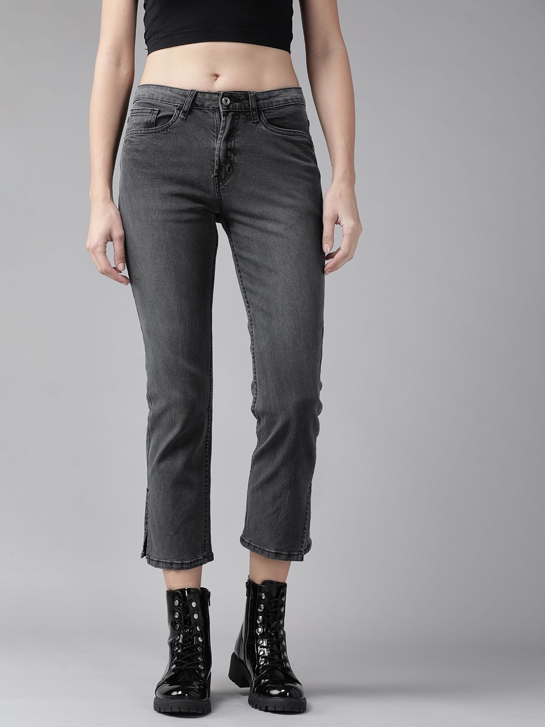 Roadster Women Charcoal Grey Straight Fit Light Fade Cropped Stretchable Jeans Price in India