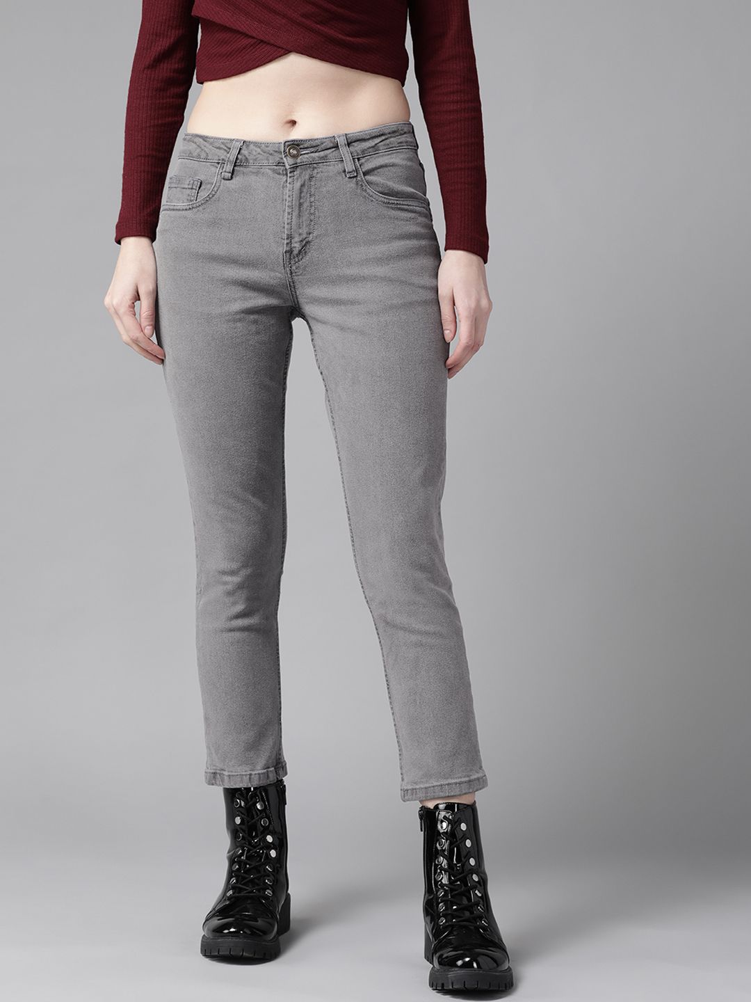 Roadster Women Grey Straight Fit Stretchable Jeans Price in India