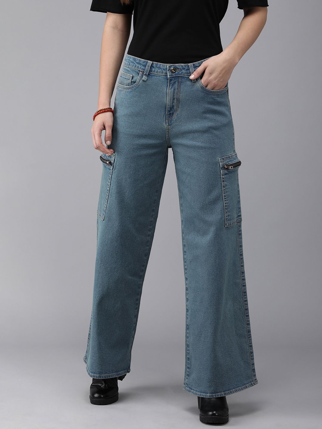 Roadster Women Blue Wide Leg High Rise Light Fade Stretchable Jeans Price in India