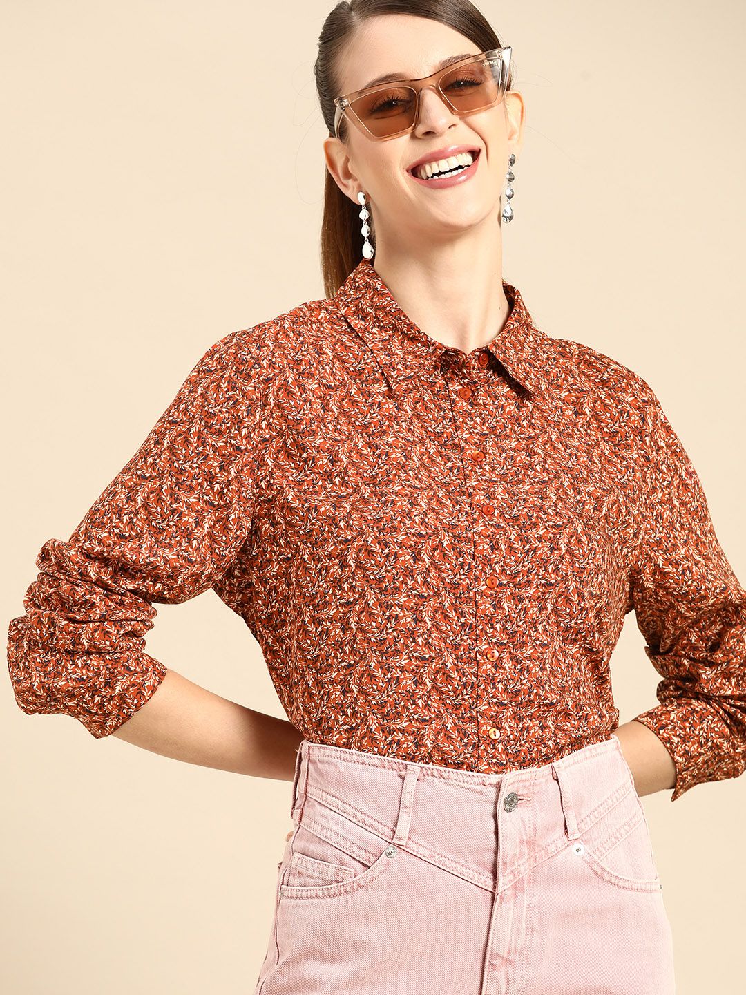 United Colors of Benetton Women Rust Orange & Beige Floral Opaque Printed Casual Shirt