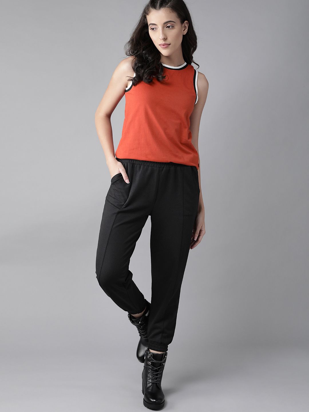 Roadster Women Rust Orange & Black Pure Cotton Solid T-shirt with Joggers