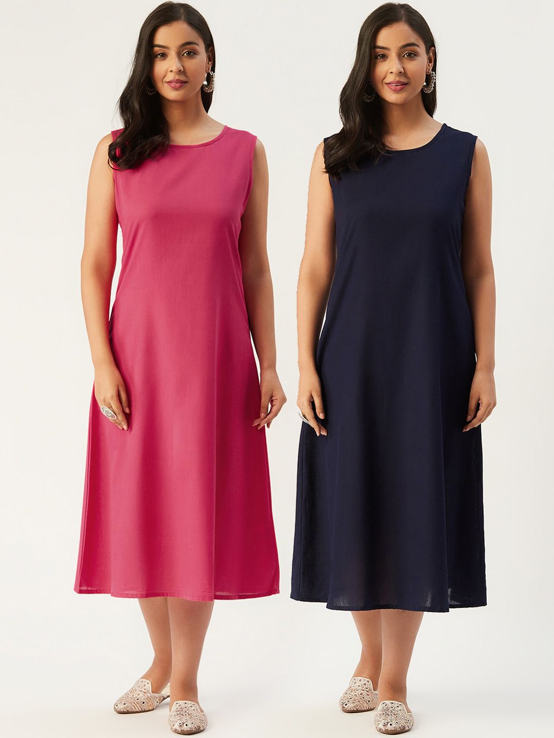 Molcha Pack Of 2 Pink & Navy Blue Pure Cotton A-Line Midi Dress Price in India