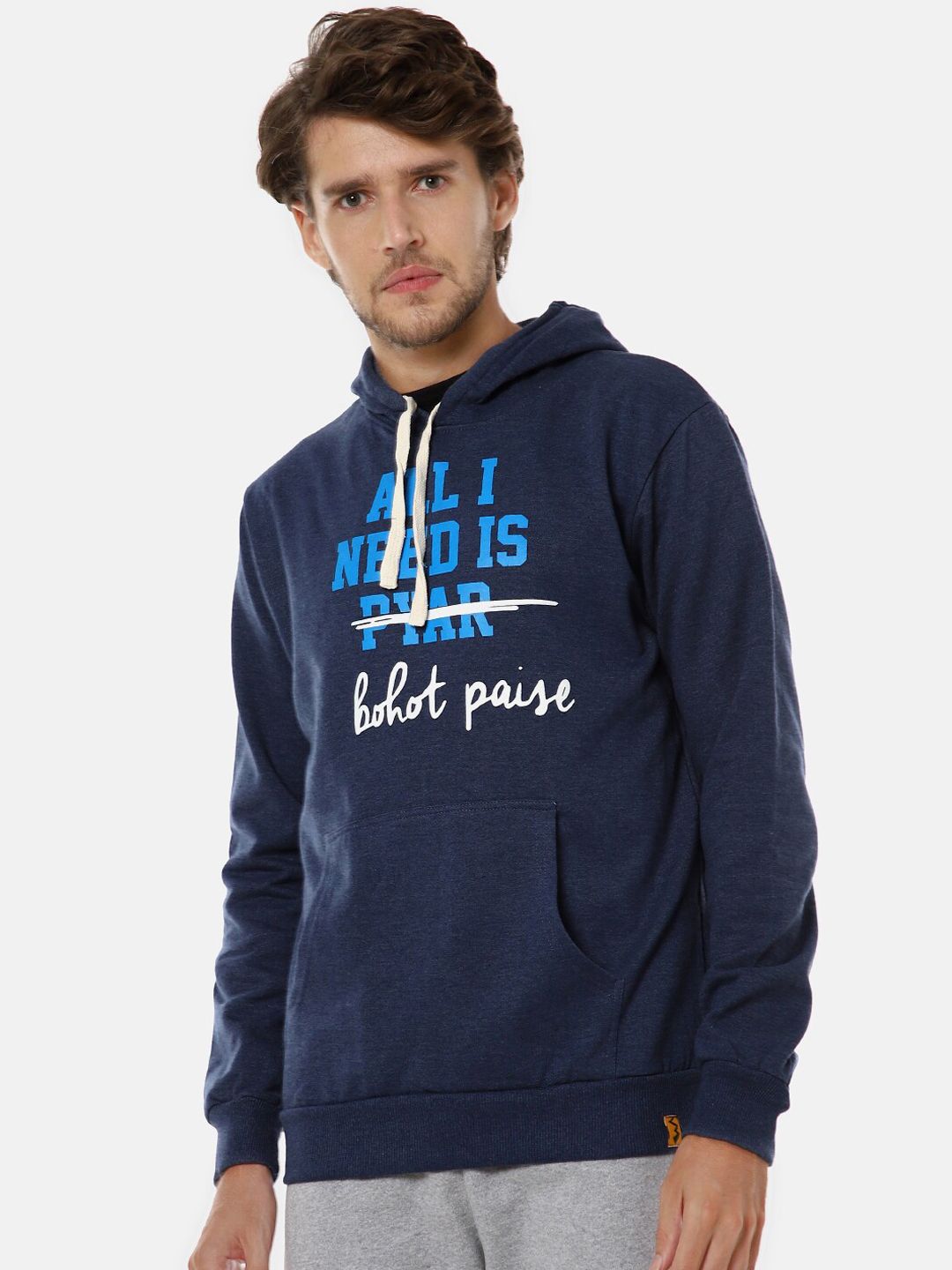 CAHOOT Men Blue Typography Printed Cotton Hooded Pullover Sweatshirt