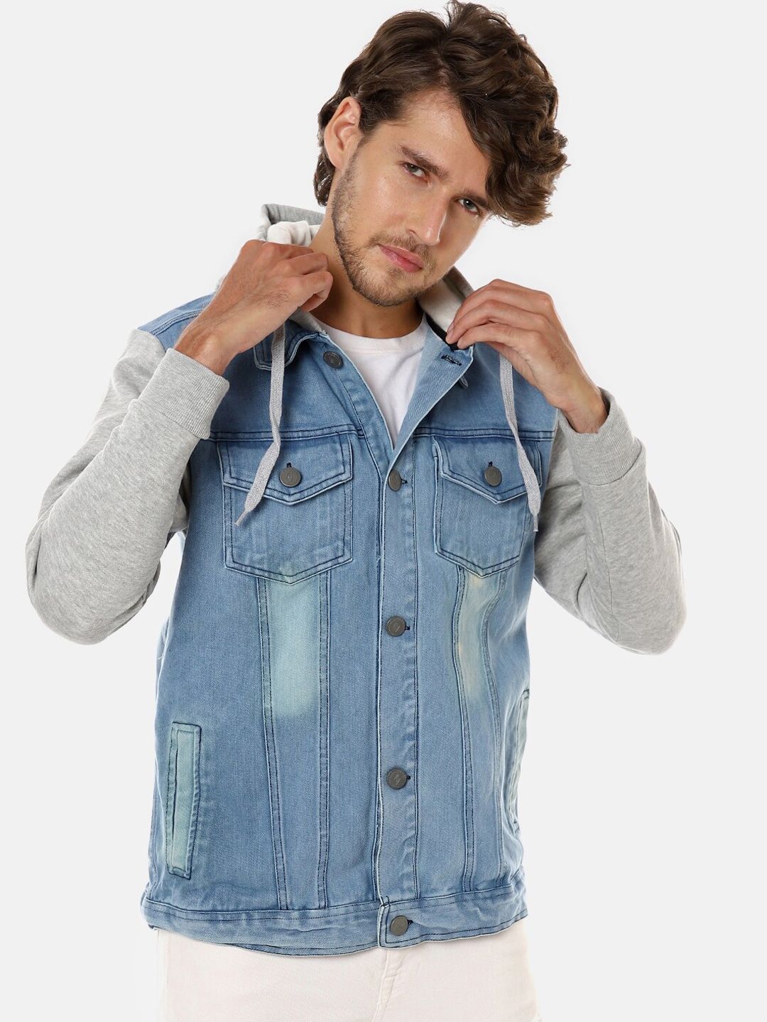 CAHOOT Men Blue Washed Colourblocked Windcheater Outdoor Denim Jacket