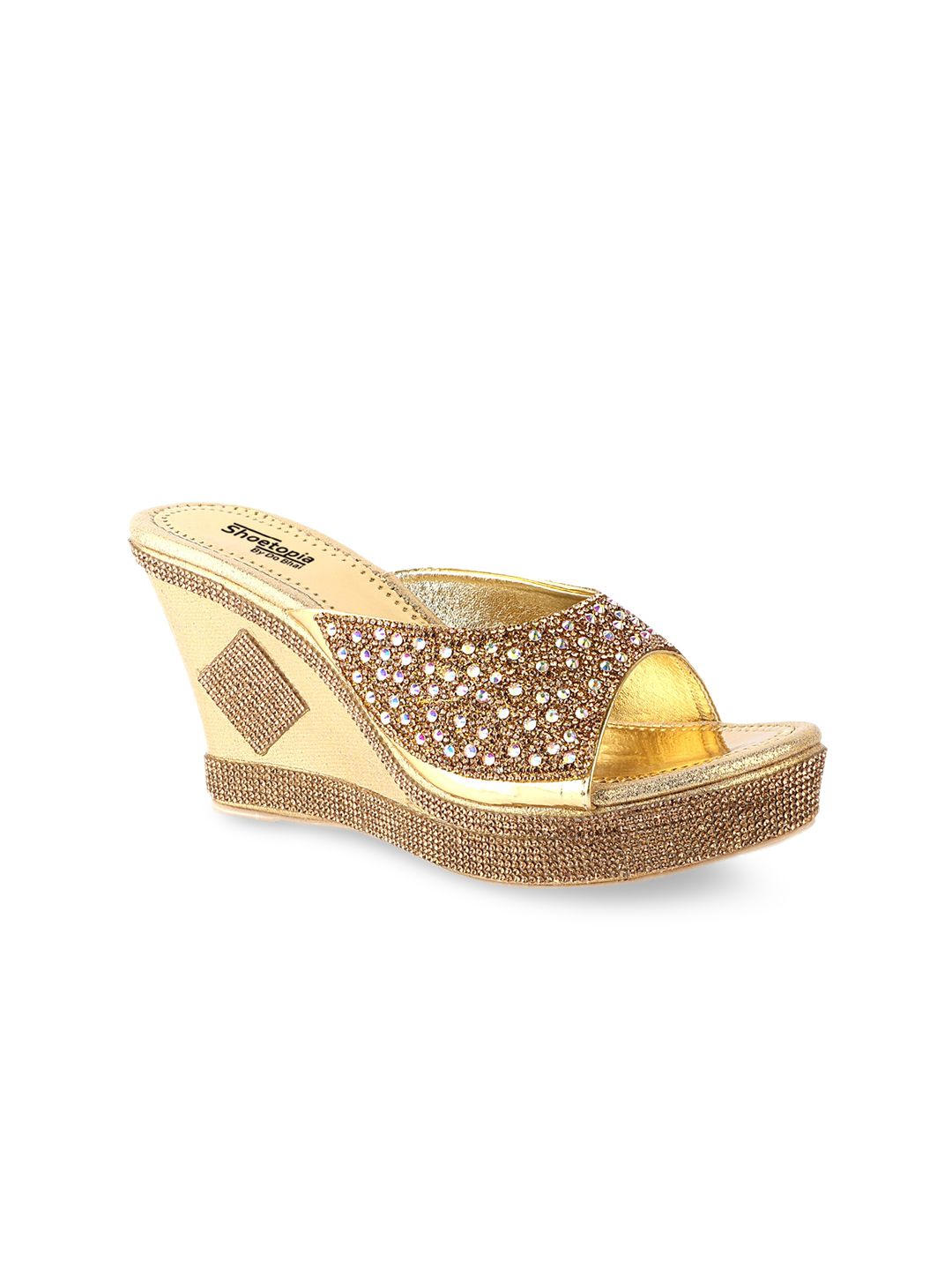 Shoetopia Gold-Toned Embellished Wedge Peep Toes Price in India