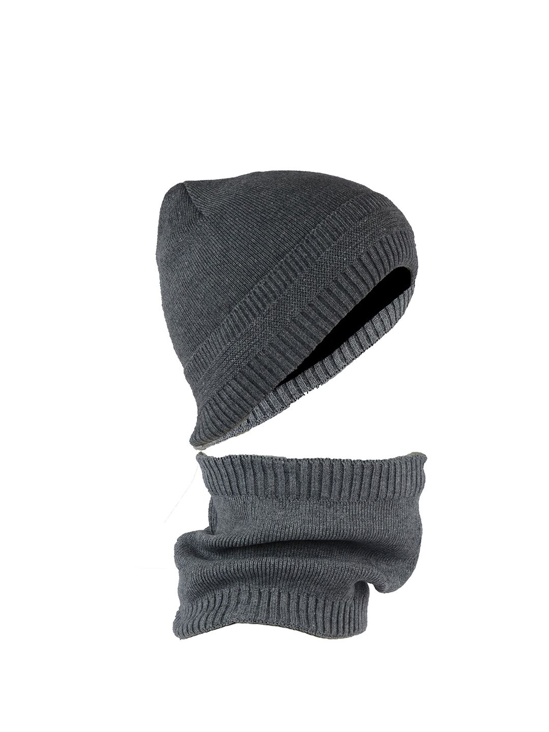iSWEVEN Unisex Grey Beanie with Neck Warmer Scarf Price in India