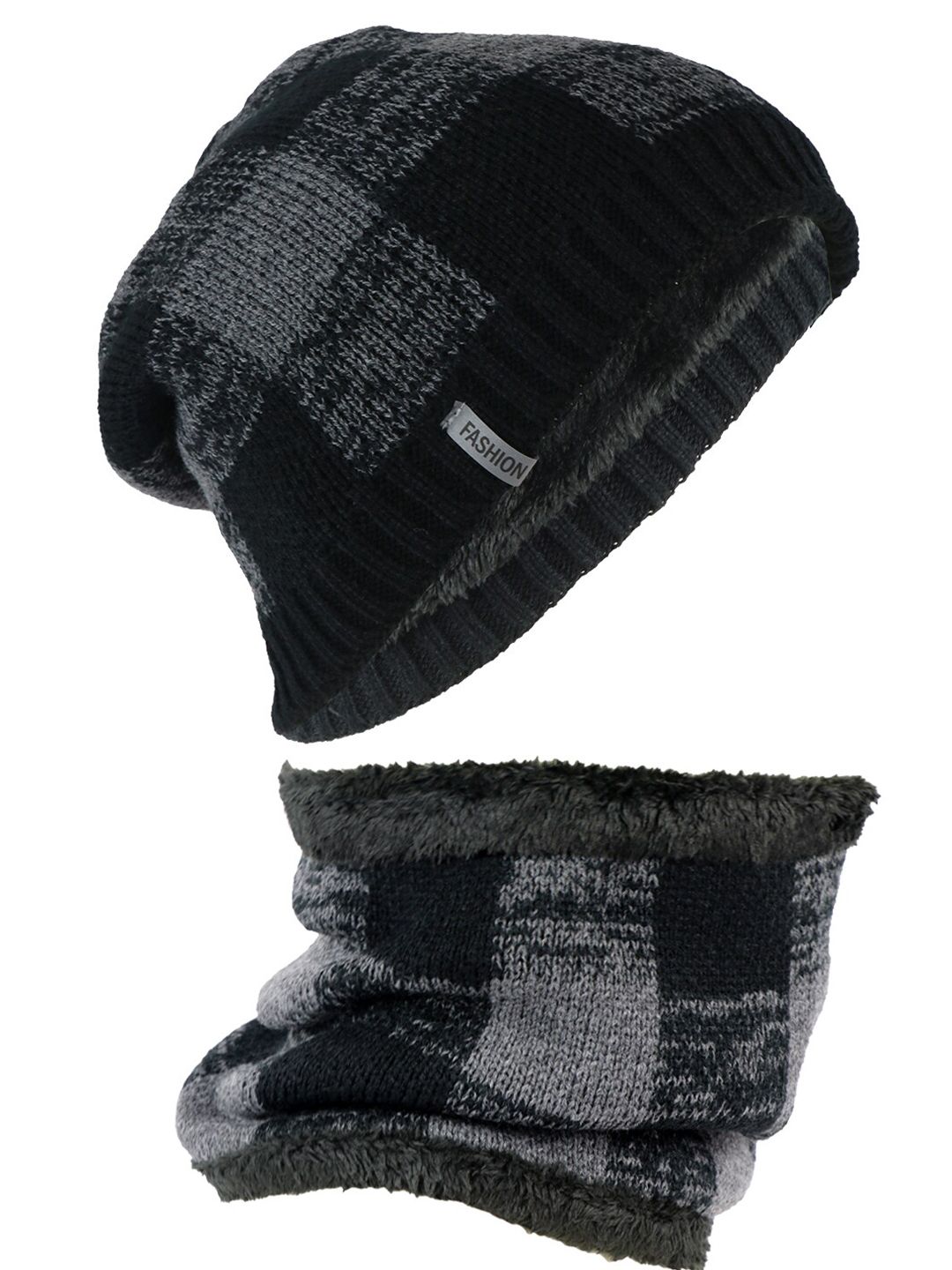 iSWEVEN Black & Grey Colourblocked Woolen Beanie with Neck Warmer Price in India