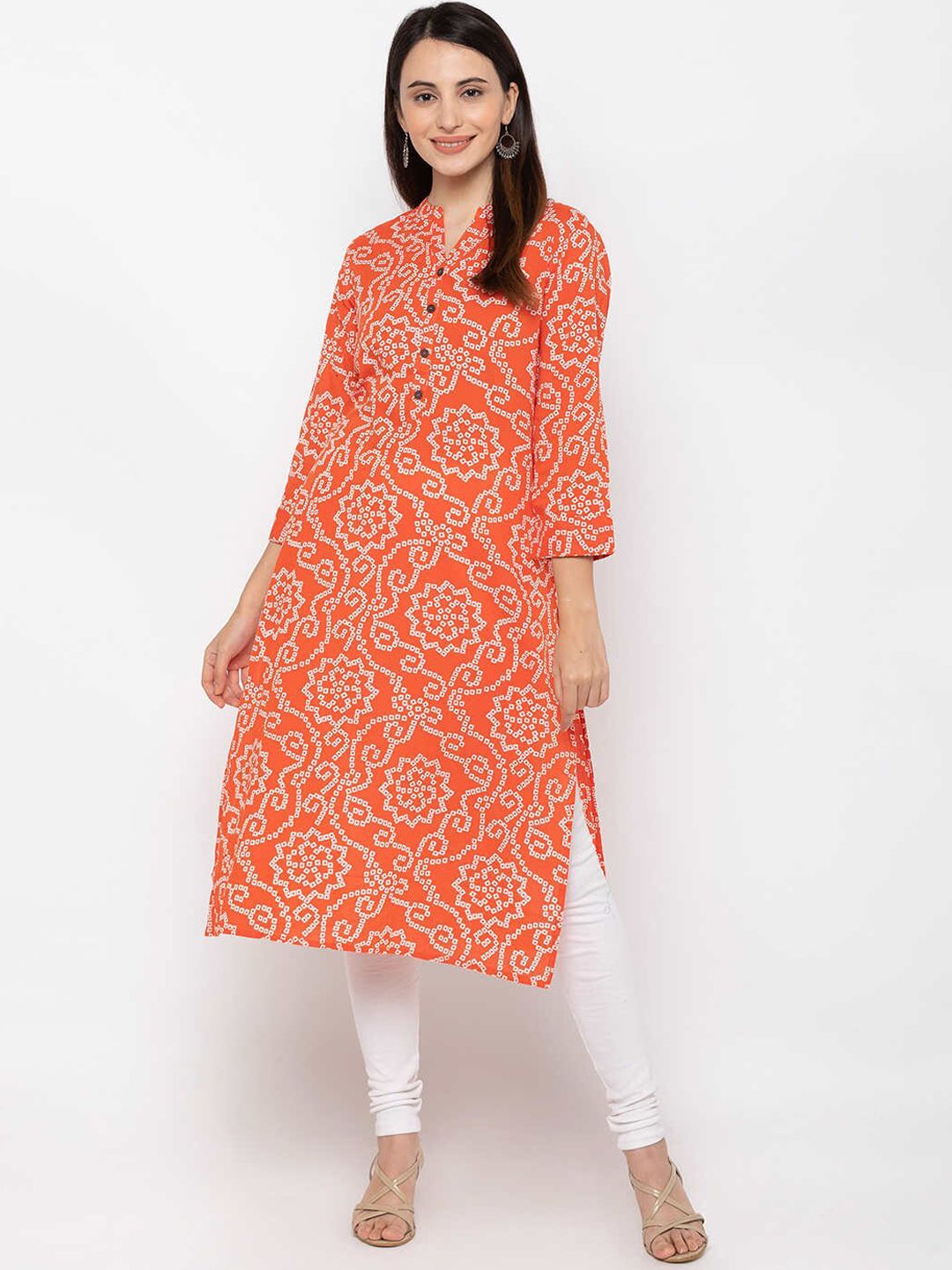 ZOLA Women Orange & White Bandhani Printed Kurta