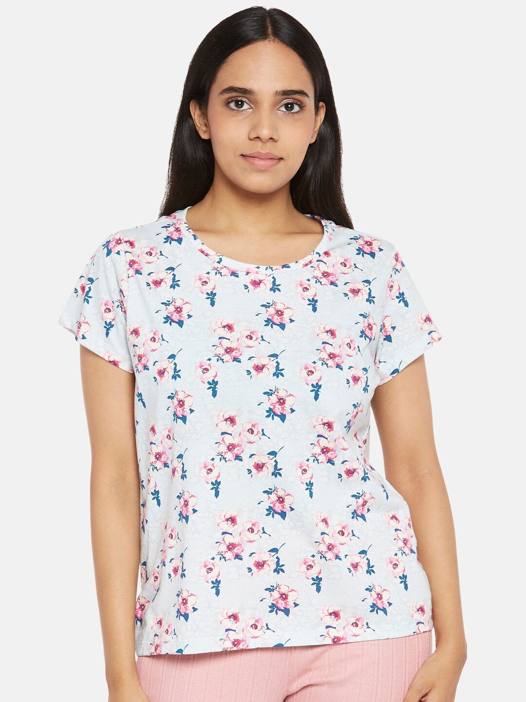 Dreamz by Pantaloons Women Blue & Pink Floral Printed Cotton Lounge T-shirt Price in India