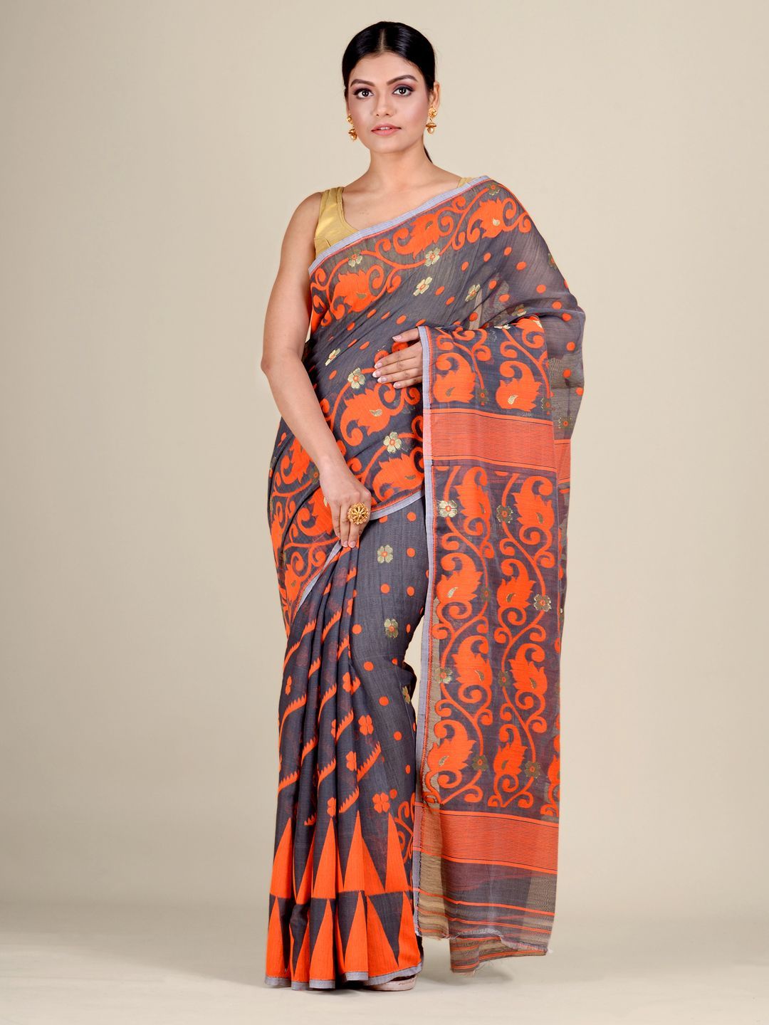 Mitera Woman Grey & Orange Woven Design Silk Cotton Jamdani Saree Price in India