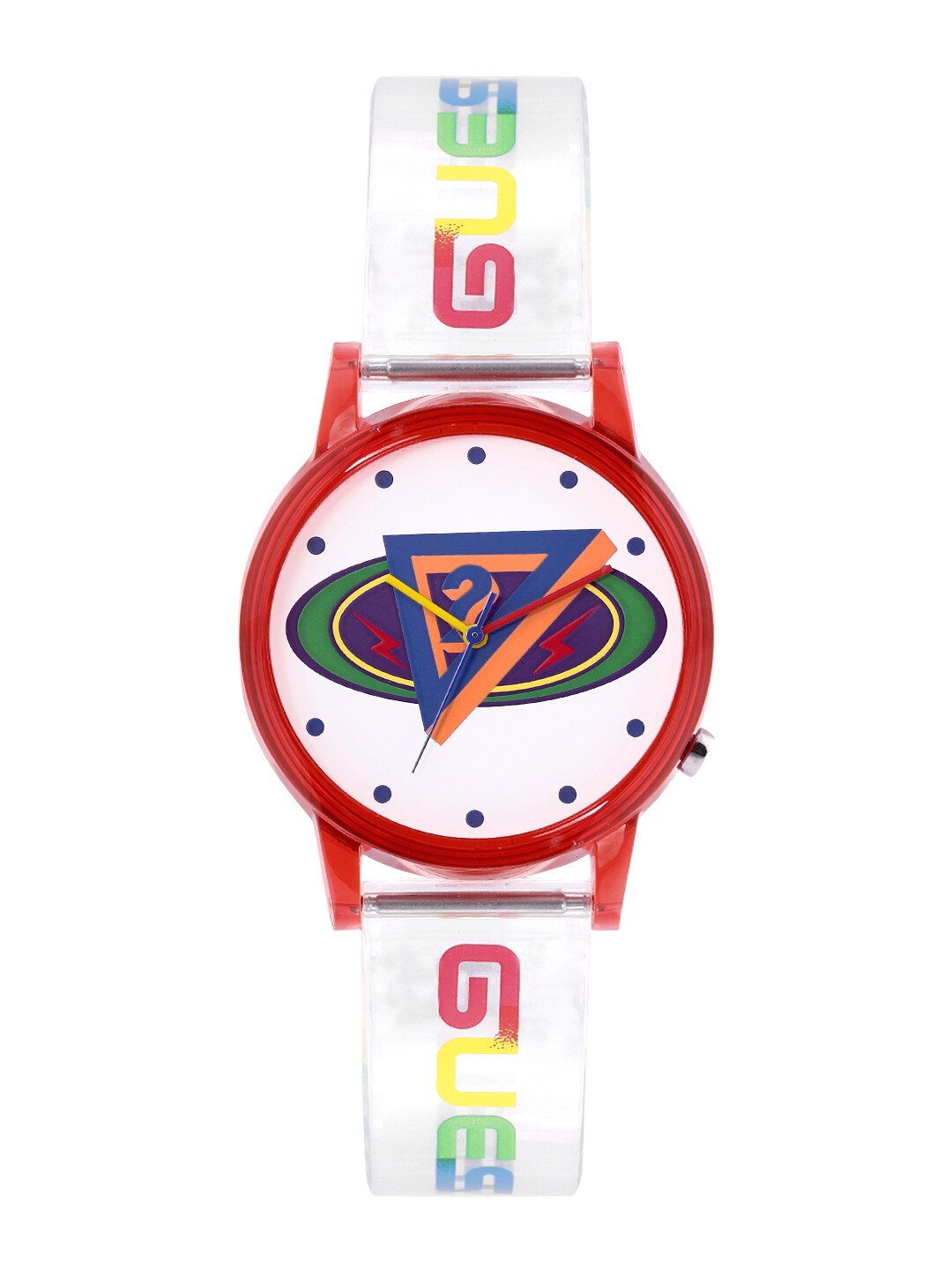 GUESS Unisex White & Red Printed Dial & Transparent Straps Analogue Watch V1050M1 Price in India