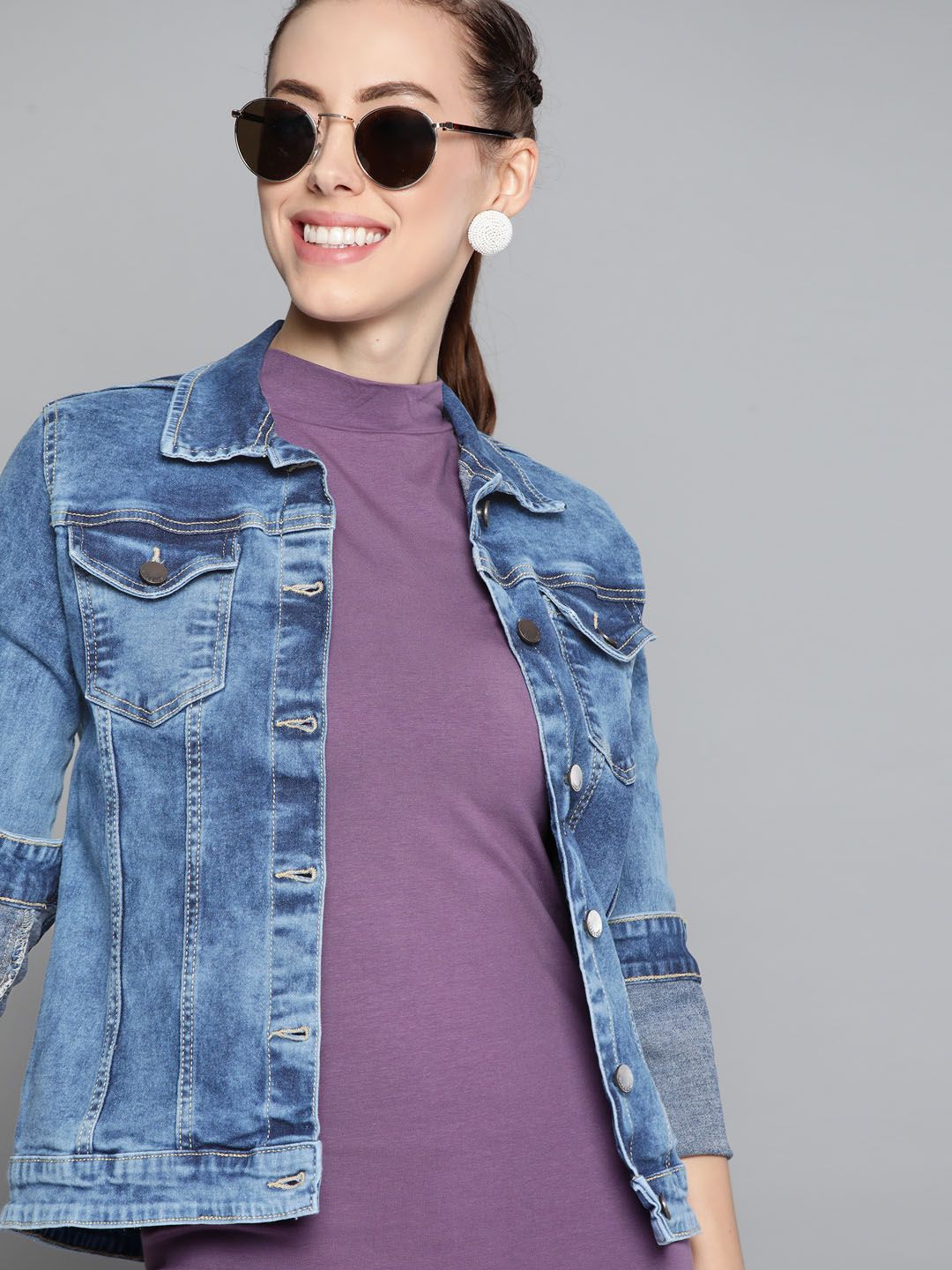 HERE&NOW Women Solid Blue Denim Jacket Price in India