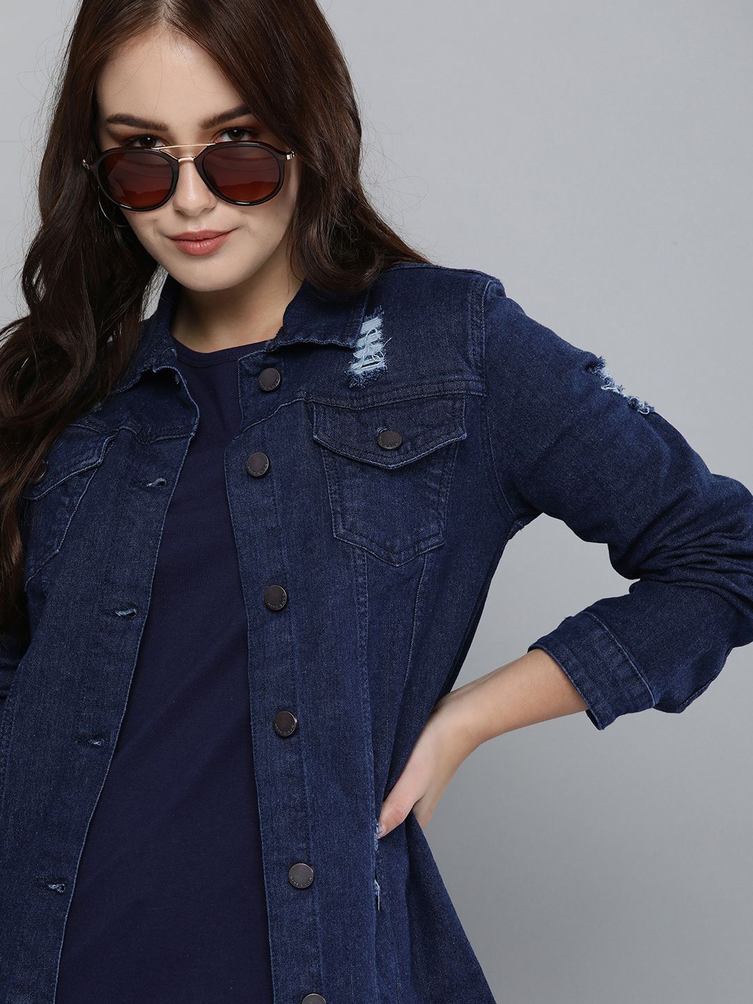 HERE&NOW Women Navy Blue Solid Denim Jacket With Ripped Detail Price in India